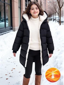 SHEIN 1pc Young Girl Mid-Length Long Sleeve Padded Coat, Plush Lining, Comfortable And Warm, Solid Color Outerwear Winter - Black - View 2