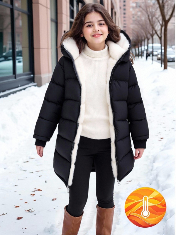 SHEIN 1 pieza Abrigo acolchado de manga larga y largo medio para niña joven, forro de felpa, cómodo y cálido, prenda de abrigo de unicolor para invierno