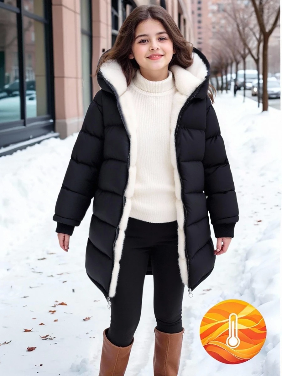 SHEIN 1pc Young Girl Mid-Length Long Sleeve Padded Coat, Plush Lining, Comfortable And Warm, Solid Color Outerwear Winter