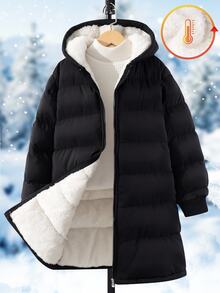 SHEIN 1pc Young Girl Mid-Length Long Sleeve Padded Coat, Plush Lining, Comfortable And Warm, Solid Color Outerwear Winter - Black - View 4