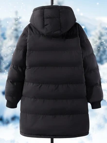 SHEIN 1pc Young Girl Mid-Length Long Sleeve Padded Coat, Plush Lining, Comfortable And Warm, Solid Color Outerwear Winter - Black - View 3