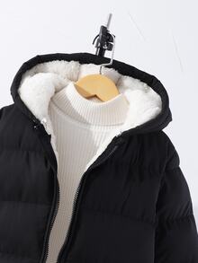 SHEIN 1pc Young Girl Mid-Length Long Sleeve Padded Coat, Plush Lining, Comfortable And Warm, Solid Color Outerwear Winter - Black - View 8