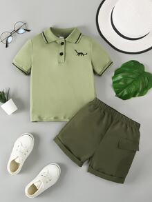 SHEIN Explorewe 2件組小男孩夏季套裝 2024新款時尚短袖套裝 時尚服飾 夏季度假生日海灘 粉紅色 - 軍綠色 - 查看 3