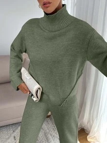 EURMUSE Women Relaxed Fit Turtle-Neck Sweater With Rib Knit Detailed And Straight Knit Pant Set - Mint Green - View 4