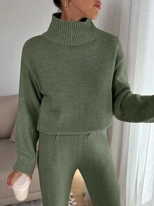 EURMUSE Women Relaxed Fit Turtle-Neck Sweater With Rib Knit Detailed And Straight Knit Pant Set - Mint Green - View 7