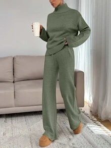 EURMUSE Women Relaxed Fit Turtle-Neck Sweater With Rib Knit Detailed And Straight Knit Pant Set - Mint Green - View 3