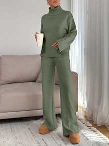 EURMUSE Women Relaxed Fit Turtle-Neck Sweater With Rib Knit Detailed And Straight Knit Pant Set - Mint Green - View 5