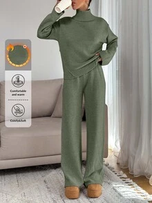 EURMUSE Women Relaxed Fit Turtle-Neck Sweater With Rib Knit Detailed And Straight Knit Pant Set - Mint Green - View 1