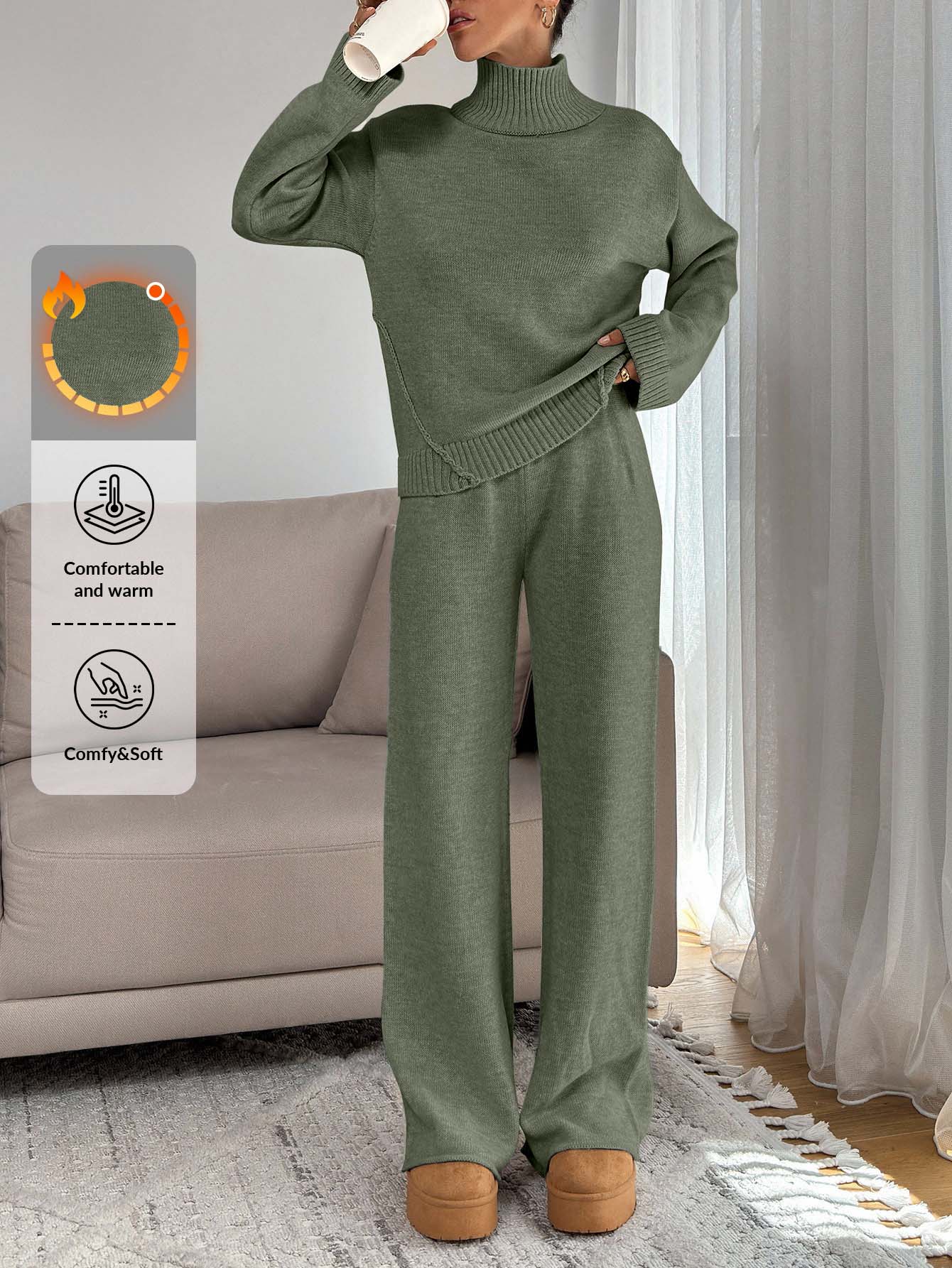 EURMUSE Women Relaxed Fit Turtle-Neck Sweater With Rib Knit Detailed And Straight Knit Pant Set - Mint Green - View 1