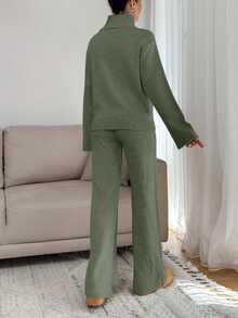 EURMUSE Women Relaxed Fit Turtle-Neck Sweater With Rib Knit Detailed And Straight Knit Pant Set - Mint Green - View 2