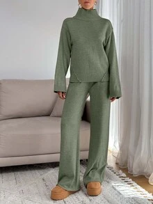 EURMUSE Women Relaxed Fit Turtle-Neck Sweater With Rib Knit Detailed And Straight Knit Pant Set - Mint Green - View 6