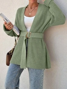 EURMUSE Women Oversize Asymmetric Shaped With Belt Detailed Rib Knitted Cardigan - Green - View 3