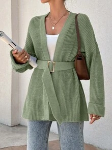 EURMUSE Women Oversize Asymmetric Shaped With Belt Detailed Rib Knitted Cardigan - Green - View 7