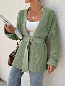 EURMUSE Women Oversize Asymmetric Shaped With Belt Detailed Rib Knitted Cardigan - Green - View 6