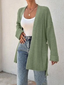 EURMUSE Women Oversize Asymmetric Shaped With Belt Detailed Rib Knitted Cardigan - Green - View 4