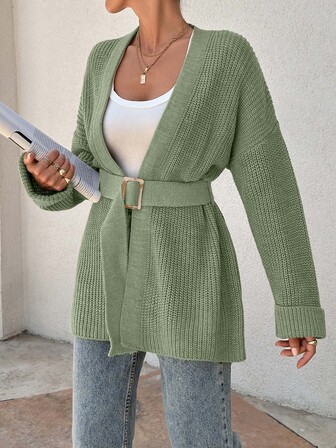 EURMUSE Women Oversize Asymmetric Shaped With Belt Detailed Rib Knitted Cardigan
