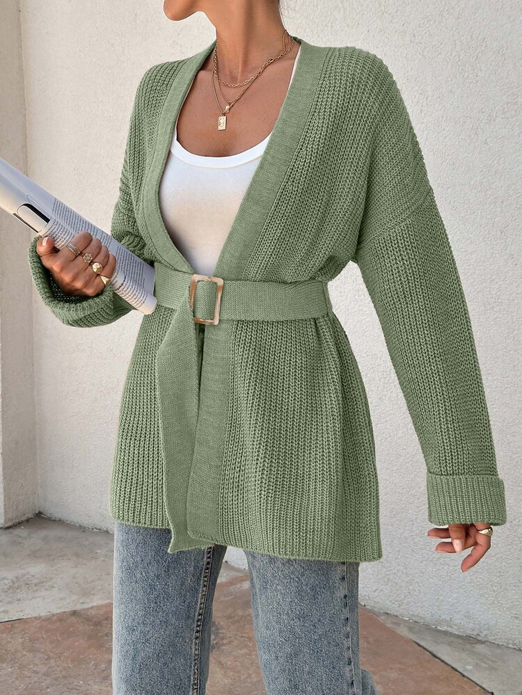 EURMUSE Women Oversize Asymmetric Shaped With Belt Detailed Rib Knitted Cardigan - Green - View 1