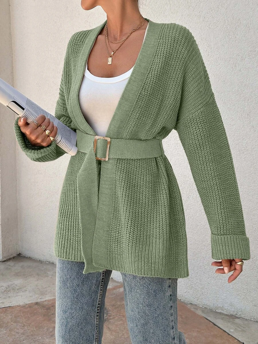 EURMUSE Women Oversize Asymmetric Shaped With Belt Detailed Rib Knitted Cardigan - Green - View 1