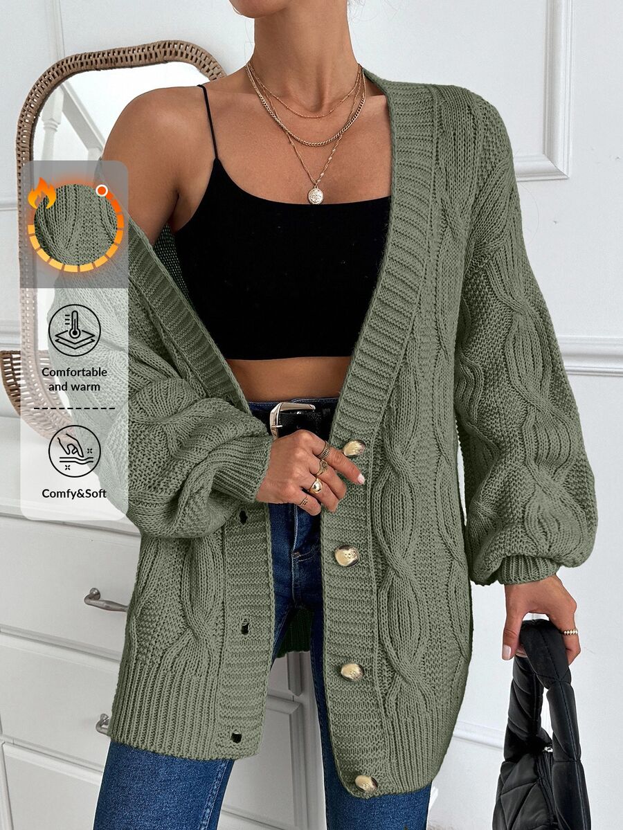 EURMUSE Women Cable Knit Detailed Oversize Cardigan - Mint Green - View 1