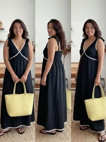 Enliva Plus Size Sleeveless Color Block Midi Dress For Women, Casual Elegant Dresses For Women, Fall Clothes, Apple Rounded Body Shape - Black - View 3