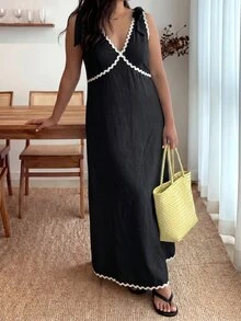 Enliva Plus Size Sleeveless Color Block Midi Dress For Women, Casual Elegant Dresses For Women, Fall Clothes, Apple Rounded Body Shape - Black - View 5