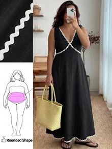 Enliva Plus Size Sleeveless Color Block Midi Dress For Women, Casual Elegant Dresses For Women, Fall Clothes, Apple Rounded Body Shape - Black - View 1