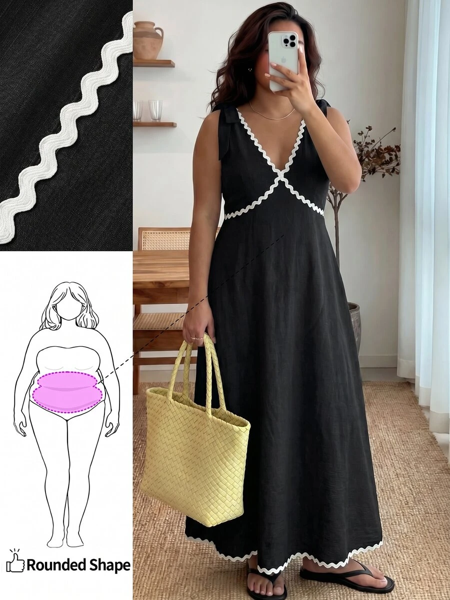 Enliva Plus Size Sleeveless Color Block Midi Dress For Women, Casual Elegant Dresses For Women, Fall Clothes, Apple Rounded Body Shape - Black - View 1