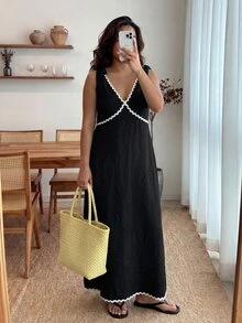 Enliva Plus Size Sleeveless Color Block Midi Dress For Women, Casual Elegant Dresses For Women, Fall Clothes, Apple Rounded Body Shape - Black - View 6