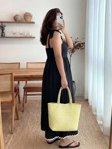 Enliva Plus Size Sleeveless Color Block Midi Dress For Women, Casual Elegant Dresses For Women, Fall Clothes, Apple Rounded Body Shape - Black - View 2
