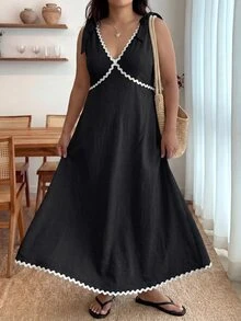 Enliva Plus Size Sleeveless Color Block Midi Dress For Women, Casual Elegant Dresses For Women, Fall Clothes, Apple Rounded Body Shape - Black - View 4