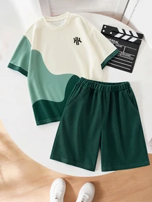 Vacaura 2pcs/Set Boys Casual Streetwear Colorblock Patchwork Design Crew Neck T-Shirt Set, School, Back-To-School Beige Emerald Green Summer - Green - View 6