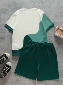 Vacaura 2pcs/Set Boys Casual Streetwear Colorblock Patchwork Design Crew Neck T-Shirt Set, School, Back-To-School Beige Emerald Green Summer - Green - View 2