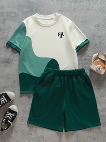 Vacaura 2pcs/Set Boys Casual Streetwear Colorblock Patchwork Design Crew Neck T-Shirt Set, School, Back-To-School Beige Emerald Green Summer - Green - View 3