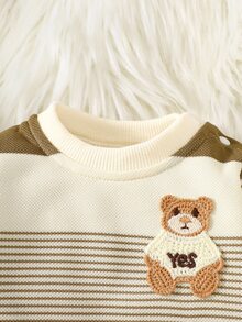 SHEIN Autumn New Arrival Newborn Baby Striped Contrast Color Top, Cute Bear Embroidery Soft & Comfy Shoulder Button Casual Baby Clothes Fall Winter - Multicolor - View 4