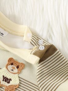 SHEIN Autumn New Arrival Newborn Baby Striped Contrast Color Top, Cute Bear Embroidery Soft & Comfy Shoulder Button Casual Baby Clothes Fall Winter - Multicolor - View 6
