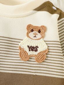 SHEIN Autumn New Arrival Newborn Baby Striped Contrast Color Top, Cute Bear Embroidery Soft & Comfy Shoulder Button Casual Baby Clothes Fall Winter - Multicolor - View 5