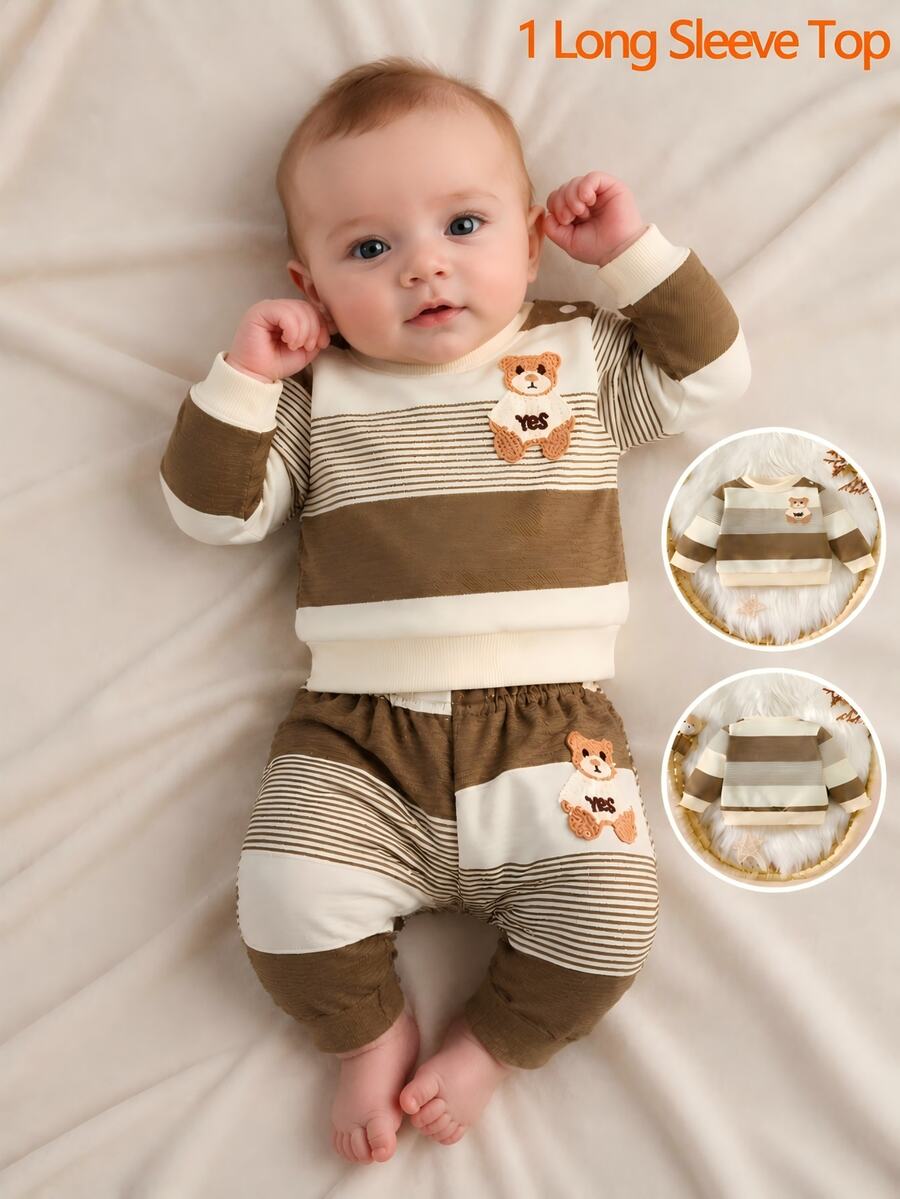SHEIN Autumn New Arrival Newborn Baby Striped Contrast Color Top, Cute Bear Embroidery Soft & Comfy Shoulder Button Casual Baby Clothes Fall Winter - Multicolor - View 1
