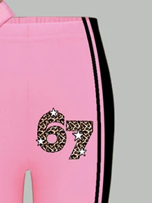 SHEIN 女童時尚小麥豹紋數字67圖案休閒短版T恤與內搭褲套裝，夏秋季7歲生日母女套裝 - 彩色 - 查看 5