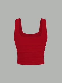 Sweetra Square Neck Sleeveless Slim Fit Casual Tank Top - Red - View 2