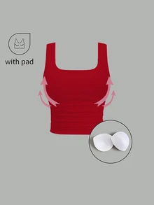 Sweetra Square Neck Sleeveless Slim Fit Casual Tank Top - Red - View 5