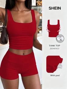 Sweetra Square Neck Sleeveless Slim Fit Casual Tank Top - Red - View 3