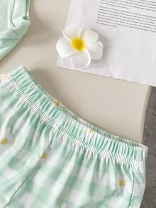 SHEIN Playful Pals 女嬰夏季綠色與白色條紋紋理無袖上衣與格紋短褲套裝，裝飾蝴蝶結，適合家庭拍照，可愛端莊 - 綠色 - 查看 6