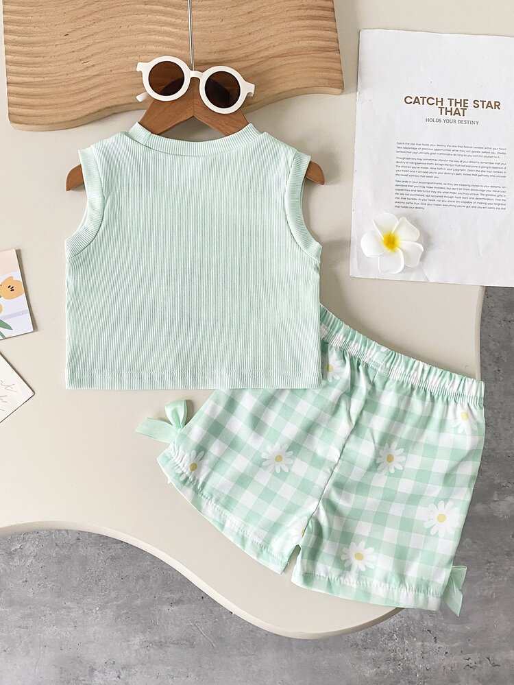 SHEIN Playful Pals 女嬰夏季綠色與白色條紋紋理無袖上衣與格紋短褲套裝，裝飾蝴蝶結，適合家庭拍照，可愛端莊 - 綠色 - 查看 2