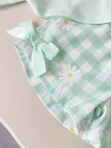 SHEIN Playful Pals 女嬰夏季綠色與白色條紋紋理無袖上衣與格紋短褲套裝，裝飾蝴蝶結，適合家庭拍照，可愛端莊 - 綠色 - 查看 8