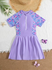 Tween Girl Fish Scale Pattern Print Short Sleeve Ruffle One-Piece Swimsuit - Multicolor - View 4