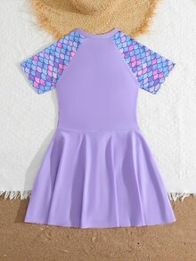 Tween Girl Fish Scale Pattern Print Short Sleeve Ruffle One-Piece Swimsuit - Multicolor - View 3