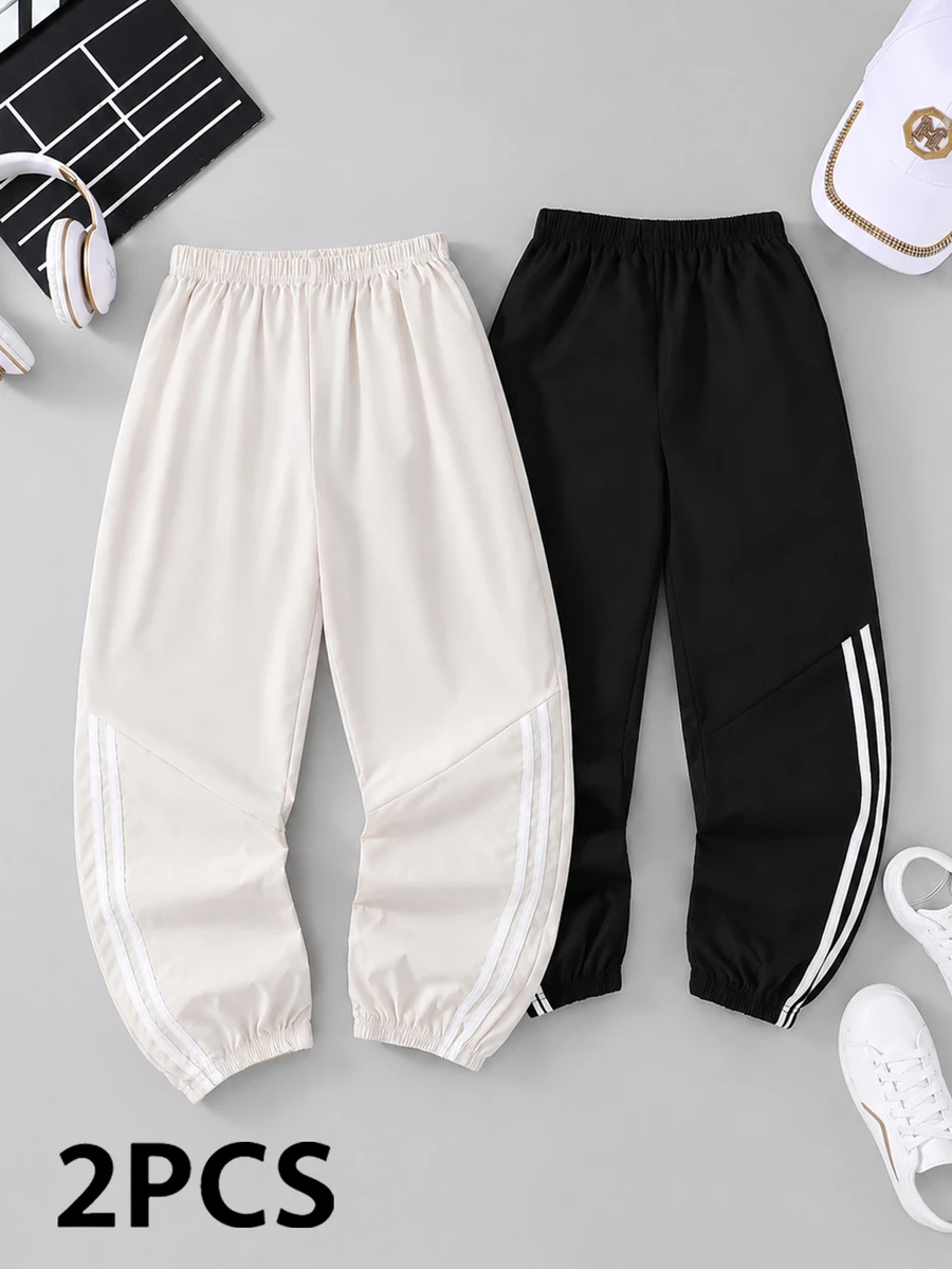 SHEIN Explorewe 2件組青少年男孩側邊不對稱條紋長褲 鬆緊褲腳 寬鬆休閒運動長褲 秋季校園運動款 米色黑白條紋