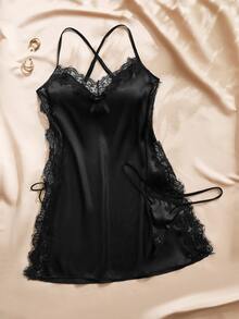 Charlaine Women's Comfortable Sexy 3D Bow Decor Lace Patchwork Cami Dress And Thong Pajama Set - Black - View 5