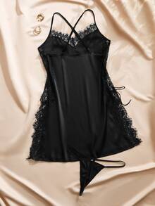 Charlaine Women's Comfortable Sexy 3D Bow Decor Lace Patchwork Cami Dress And Thong Pajama Set - Black - View 2