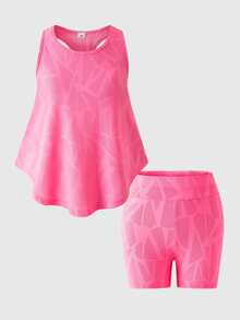 Girls 2pcs Soft Mesh Knit Backless Sleeveless Top High Waist Elastic Tight Shorts Set, Suitable For Workout Sports, Summer Gym Pink Y2k Athletic Baggy - Hot Pink - View 11